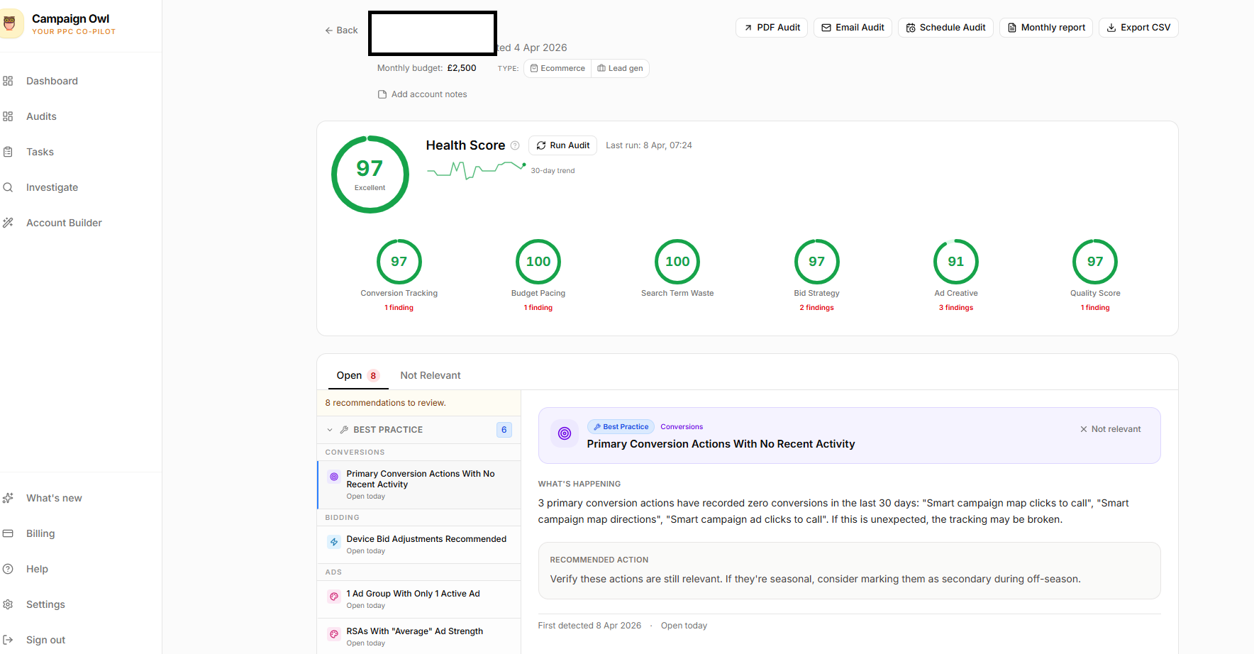 Campaign Owl Google Ads account audit page with health score, severity-scored findings, and monthly £ at risk per finding