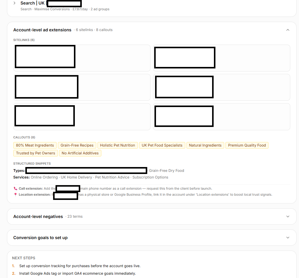 Campaign Owl AI Google Ads account builder generating campaigns, ad groups, keywords and ads from a website URL and business brief