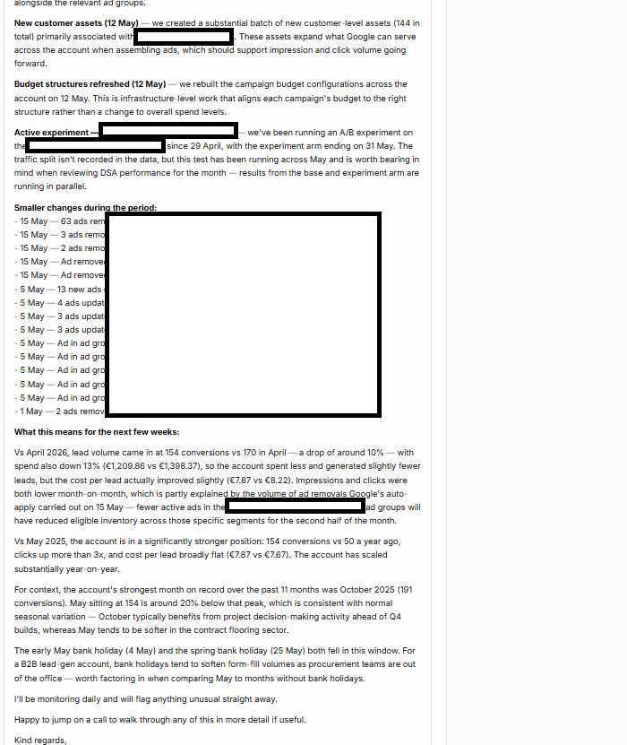 Campaign Owl Client Comms generating a client-ready email that answers why Google Ads performance changed, backed by live account data and change history